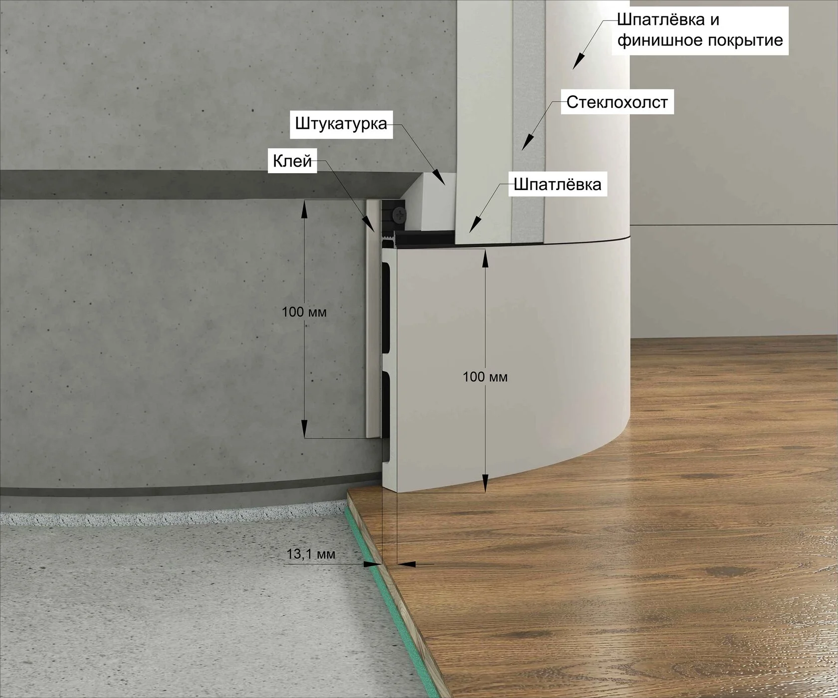 СКРЫТЫЙ ПЛИНТУС LACONISTIQ STRONG УСИЛЕННЫЙ ДЛЯ РАДИАЛЬНЫХ СТЕН